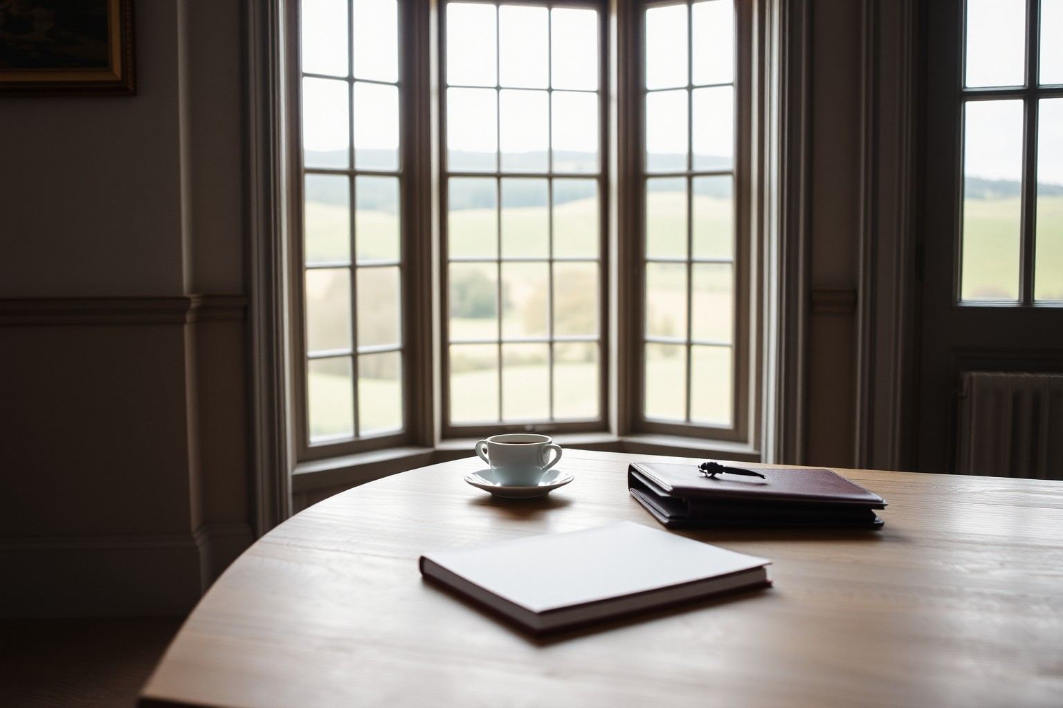 An oak desk with coffee and a closed notebook beside a tall sash window looking out to green hills.